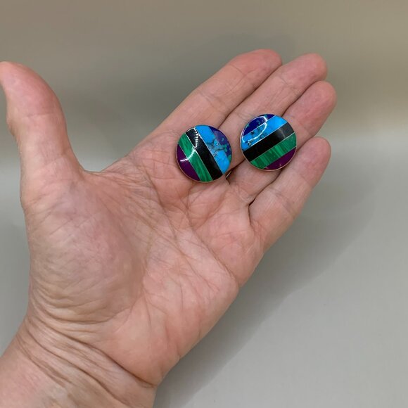 CII MEXICO Stone Inlay 925 Sterling Silver Vtg Mexican Pierced Earrings J610 - Picture 5 of 8